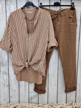Oversize Pamuklu Çizgili Gömlek Camel