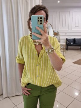 Oversize Pamuklu Boyuna Çizgili Gömlek Sarı