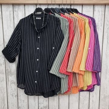 Oversize Pamuklu Boyuna Çizgili Gömlek Turuncu