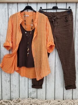 Oversize Pamuklu Boyuna Çizgili Gömlek Turuncu