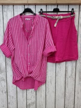 Oversize Pamuklu Boyuna Çizgili Gömlek Pembe