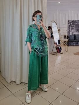 Oversize Yaprak Desenli Koton Gömlek Yeşil İtalyan