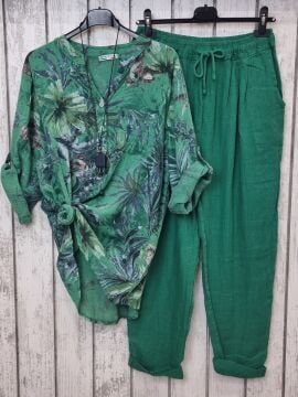 Oversize Yaprak Desenli Koton Gömlek Yeşil İtalyan