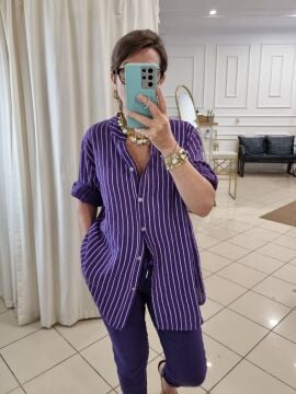 Oversize Pamuklu Boyuna Çizgili Gömlek Mor