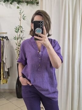 Oversize Pamuklu  Çizgili Mor Gömlek