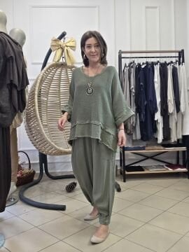 Kemerli Viskon Pantolon Haki