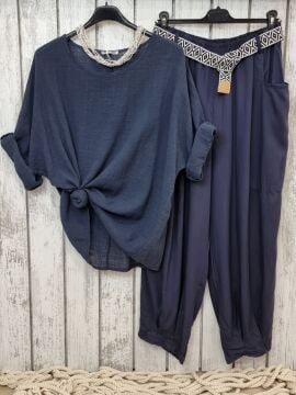 Kemerli Viskon Pantolon Lacivert