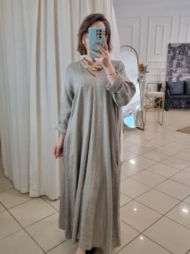 Oversize V Yaka Uzun Keten Elbise Vizon İtalyan