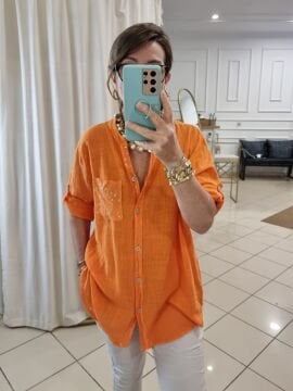 %100 Pamuklu Payetli Turuncu Gömlek