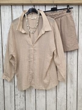 Cep Detay Pamuklu Muslin Şort Camel