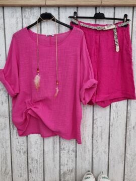 Kemer Detaylı Pembe Keten Şort İtalyan