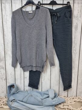 Likralı V Yaka triko Kazak Gri