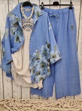 Oversize Düz Kesim Mavi Keten Pantolon İtalyan